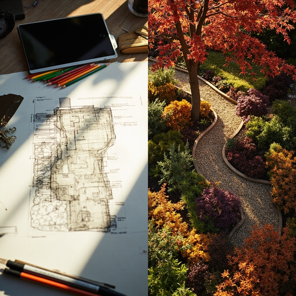 Professional landscape design and architecture services showing blueprint and completed garden